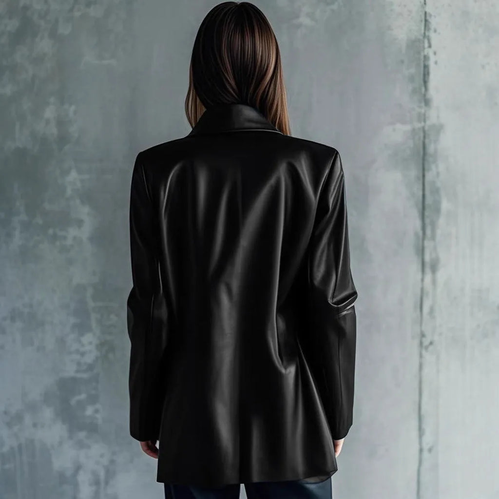 Women's black polyester leather jacket with medium 65cm length and long sleeves