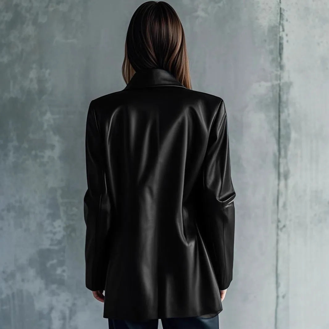 Women's black polyester leather jacket with medium 65cm length and long sleeves