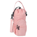 Cloth water bottle pouch with crossbody shoulder strap in black, green, and pink colour options.