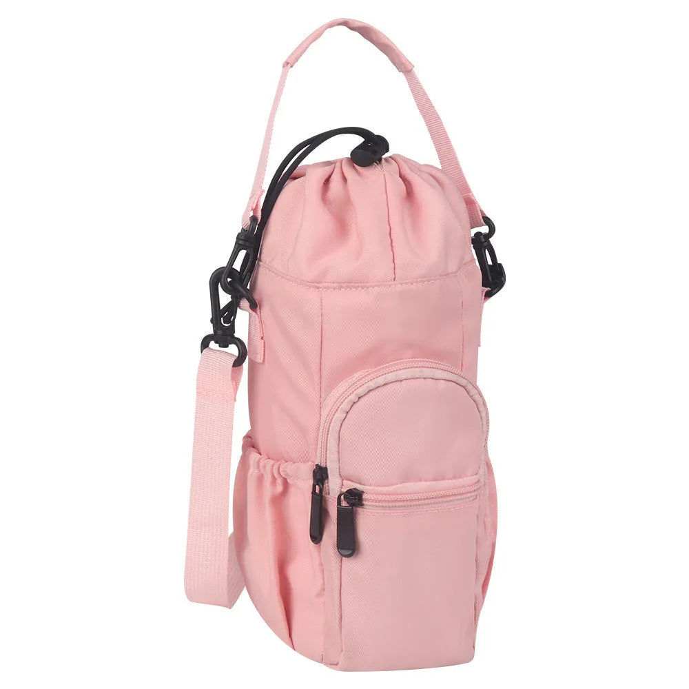Cloth water bottle pouch with crossbody shoulder strap in black, green, and pink colour options.