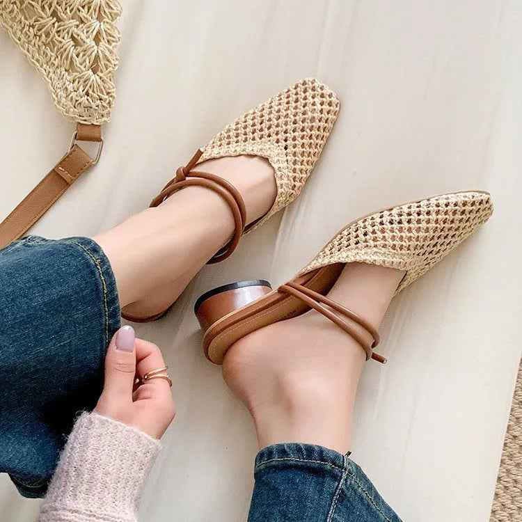 Women's black retro chunky heel slippers with square toe and breathable hollow-out design on artificial PU upper.