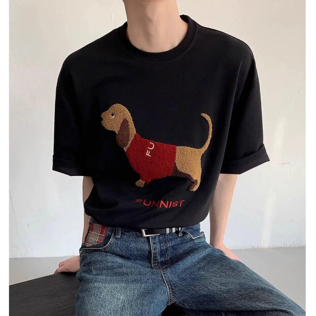 Men's grey cotton T-shirt with embroidered sausage dog towel design on front