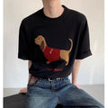Men's grey cotton T-shirt with embroidered sausage dog towel design on front