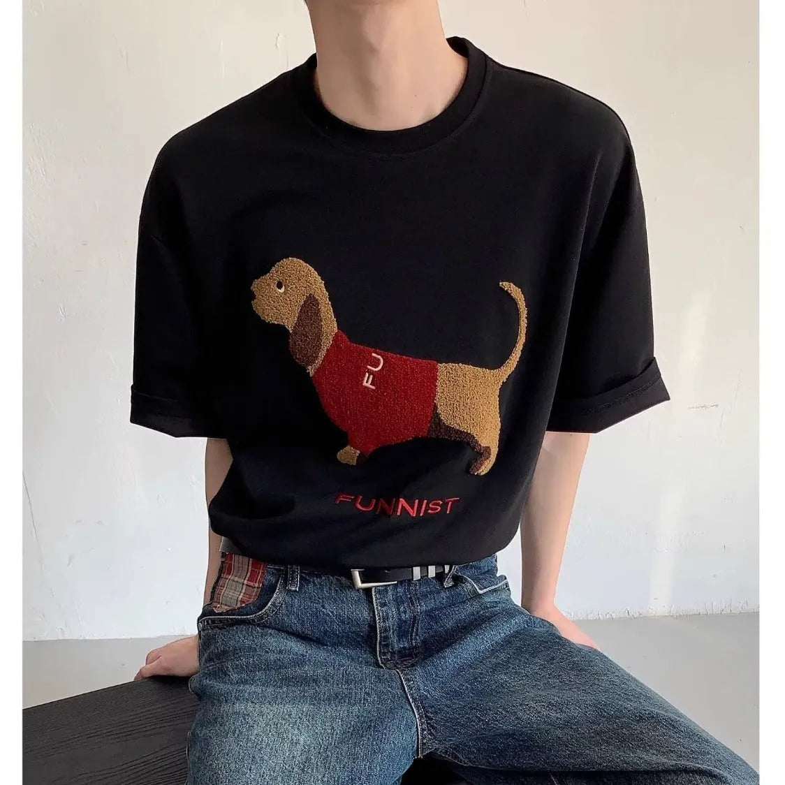 Men's grey cotton T-shirt with embroidered sausage dog towel design on front