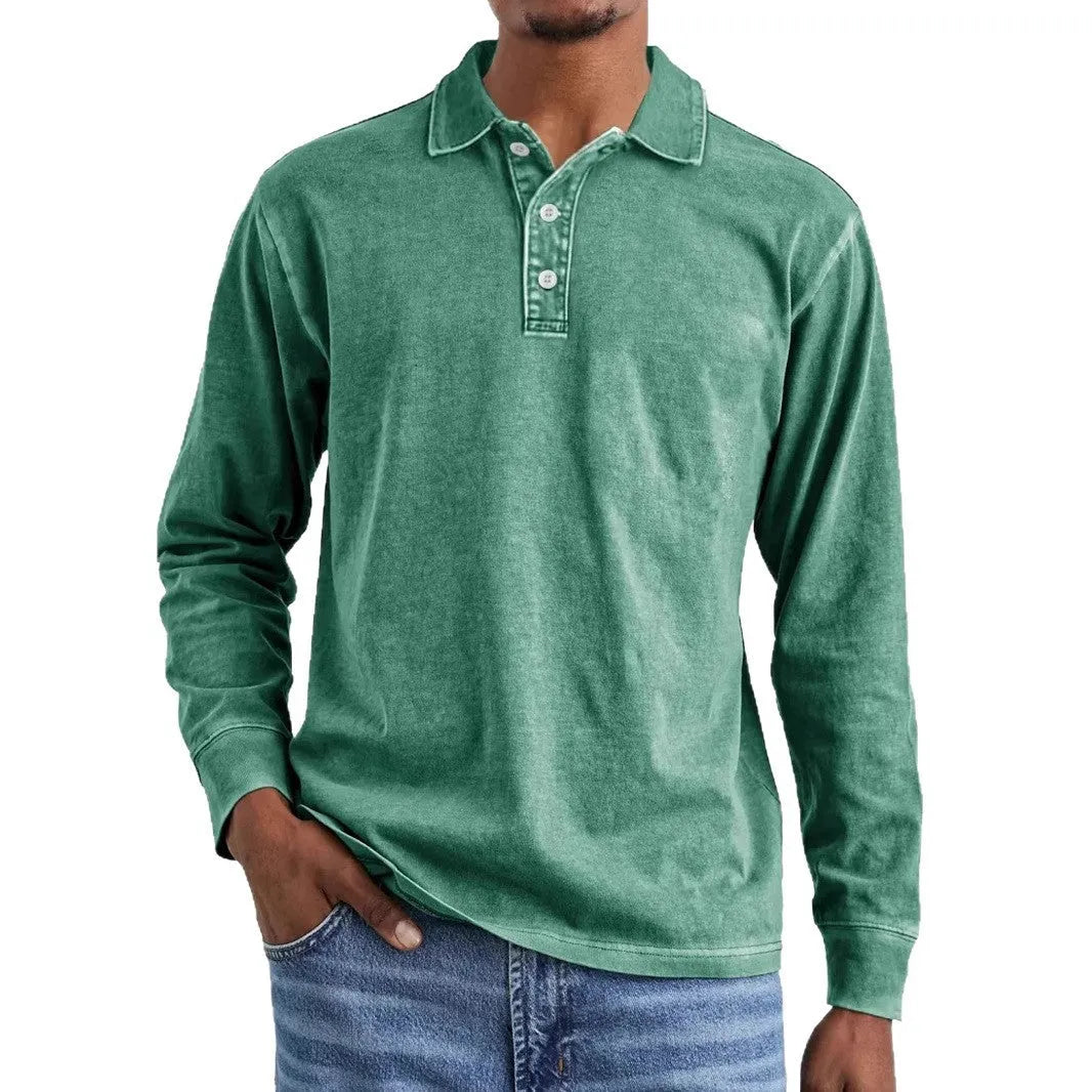 Man's retro washed distressed pure cotton long sleeve polo shirt with lapel collar in army green colour.