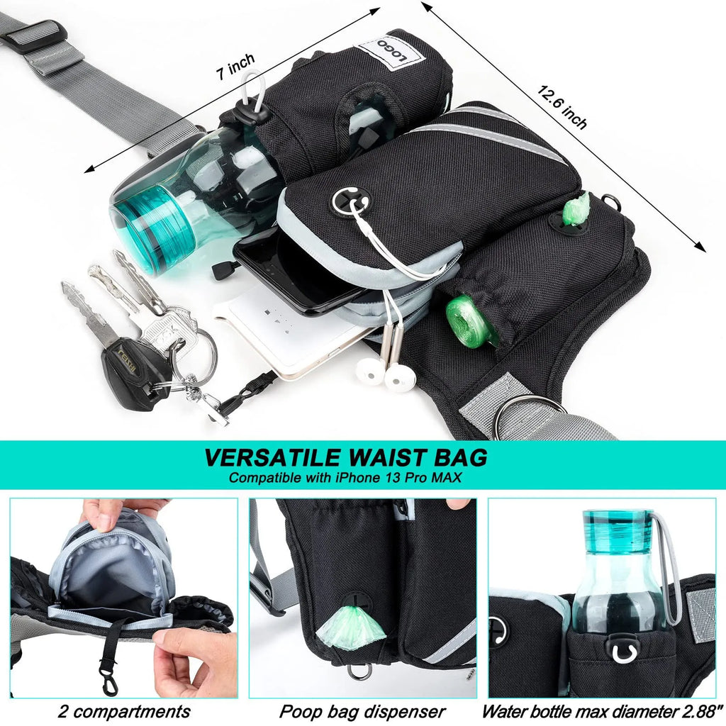 Black outdoor pet training waist bag with telescopic dog lead attached for hands-free walking