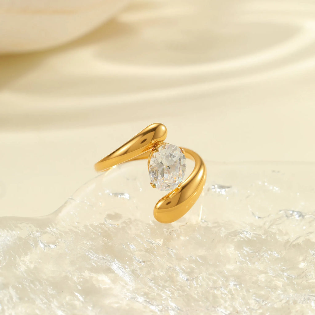 Women's stainless steel geometric ring with zircon stones and adjustable open mouth design