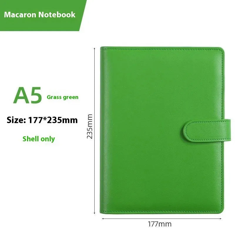 A5 PU leather zipper notebook shell in multiple solid colours, showing closed and open views.
