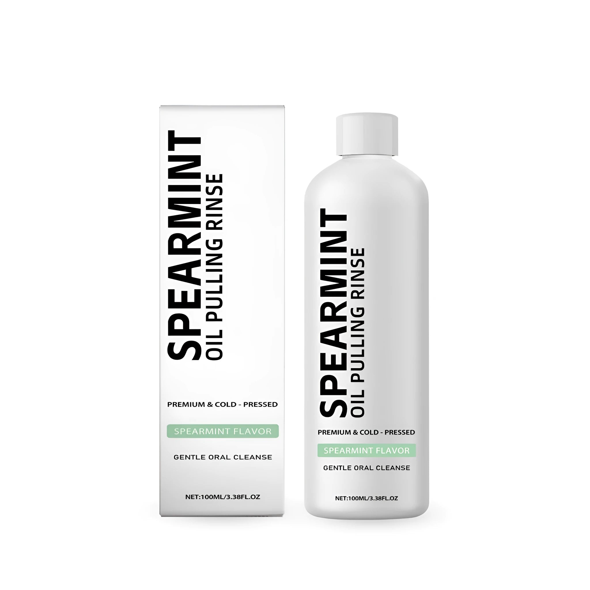 100 ml bottle of spearmint oil pulling rinse mouthwash with clove and peppermint oils