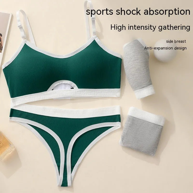 Cotton sports underwear vest set with contrast back, showing bra and panties in black.