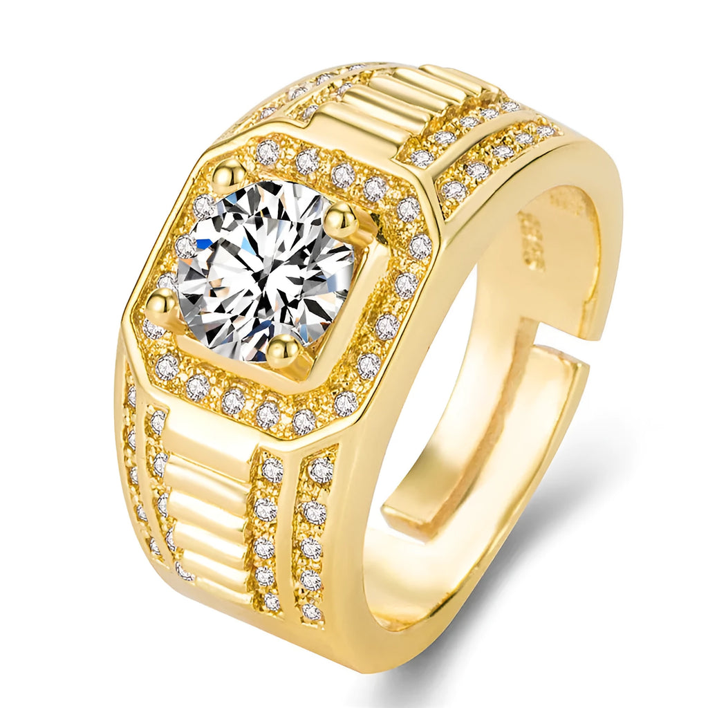 Adjustable copper men's ring with large square diamond design in gold colour on finger