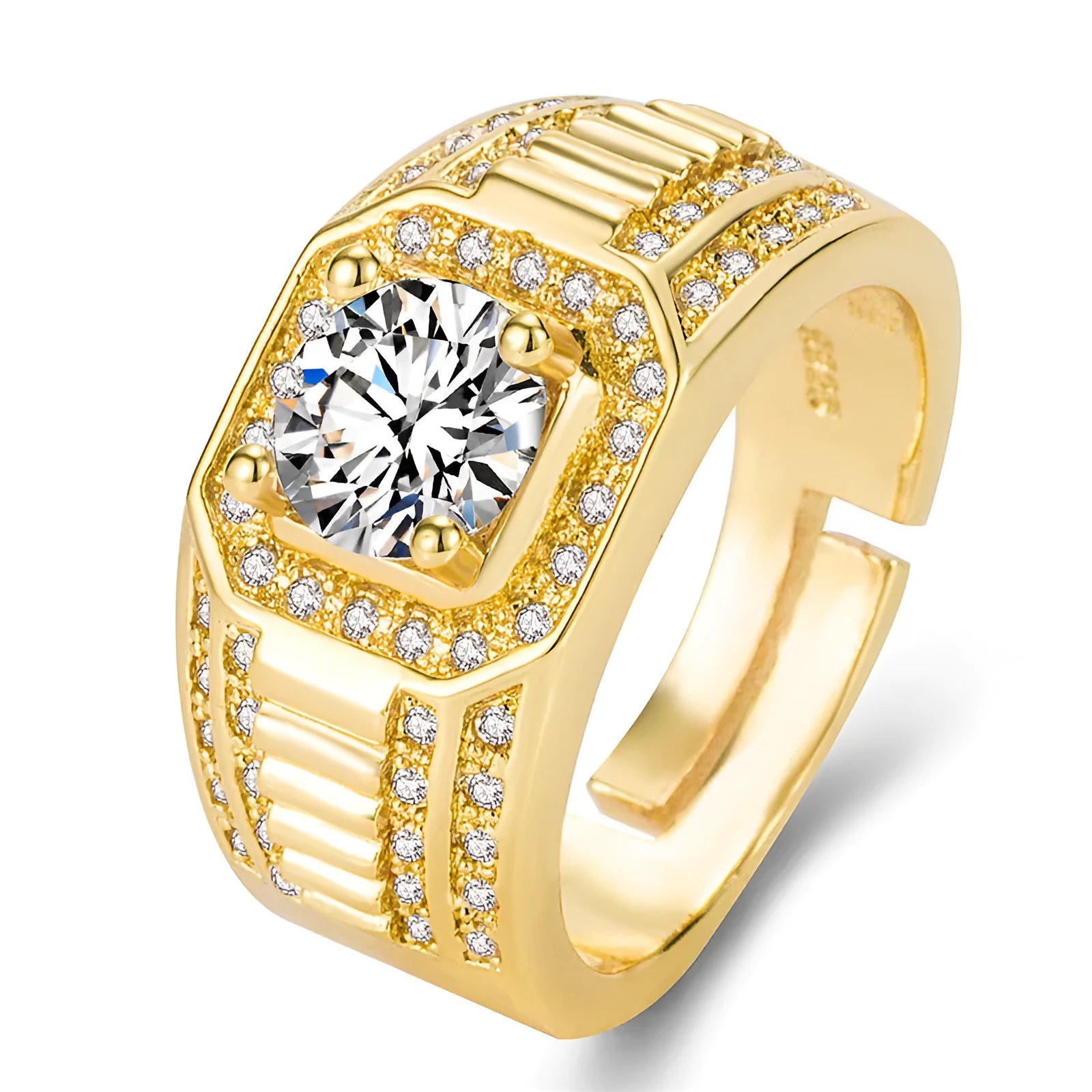 Adjustable copper men's ring with large square diamond design in gold colour on finger