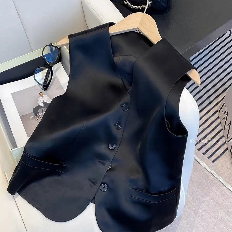 Black satin ladies sleeveless vest with loose fit and splicing detail on solid colour fabric