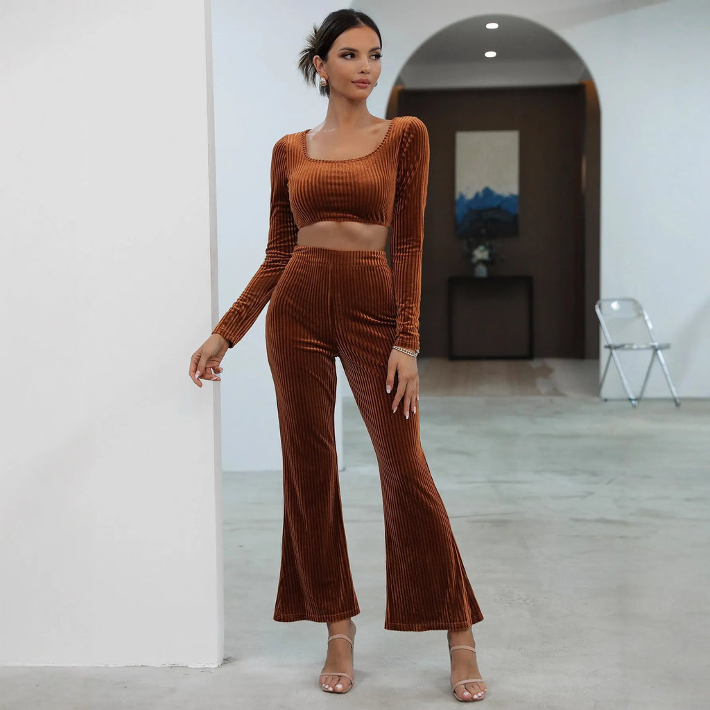 Caramel coloured long sleeve knit sweater and matching trousers casual set