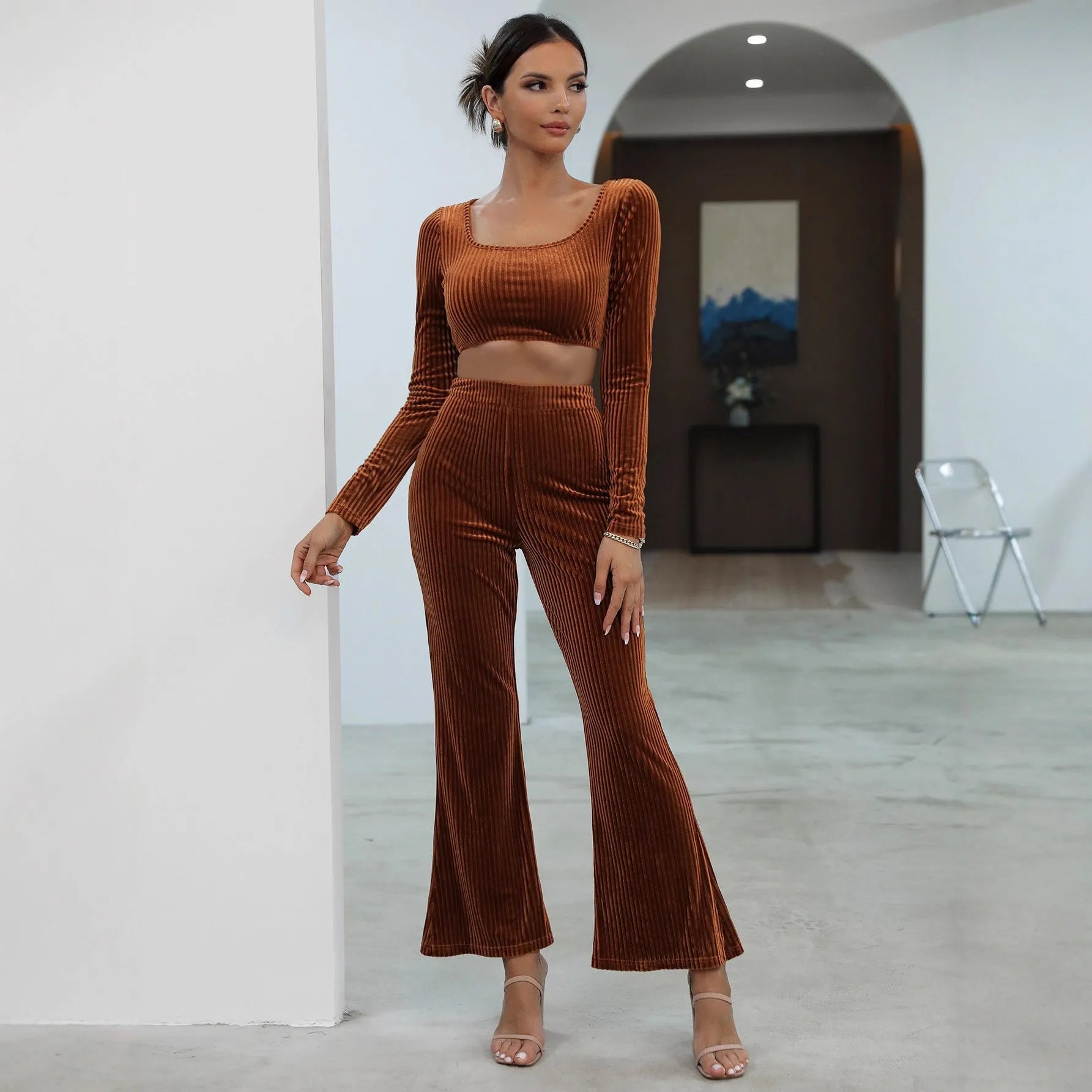 Caramel coloured long sleeve knit sweater and matching trousers casual set