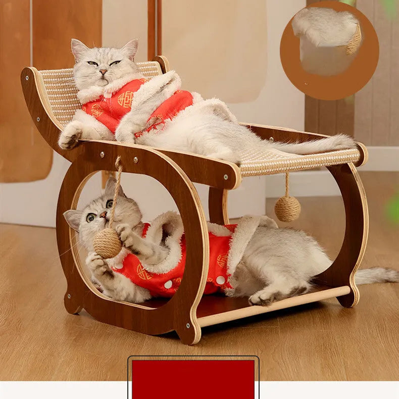 Solid wood cat bed recliner with integrated sisal scratching mat in walnut colour.