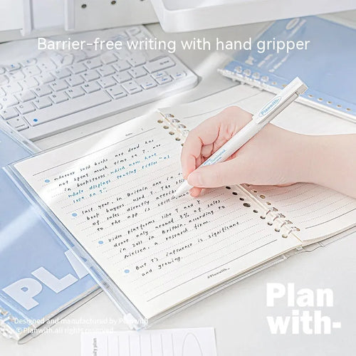 A5 spiral notebook with transparent PVC cover in blue, showing loose pages inside, next to a white version.