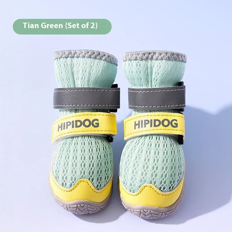 Cartoon style blue and green dog shoes for summer, showing breathable anti-scald design on a dog's paw.