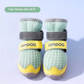 Cartoon style blue and green dog shoes for summer, showing breathable anti-scald design on a dog's paw.