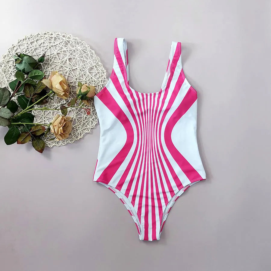 Women's pink striped one-piece swimsuit with front and rear digital print positioning