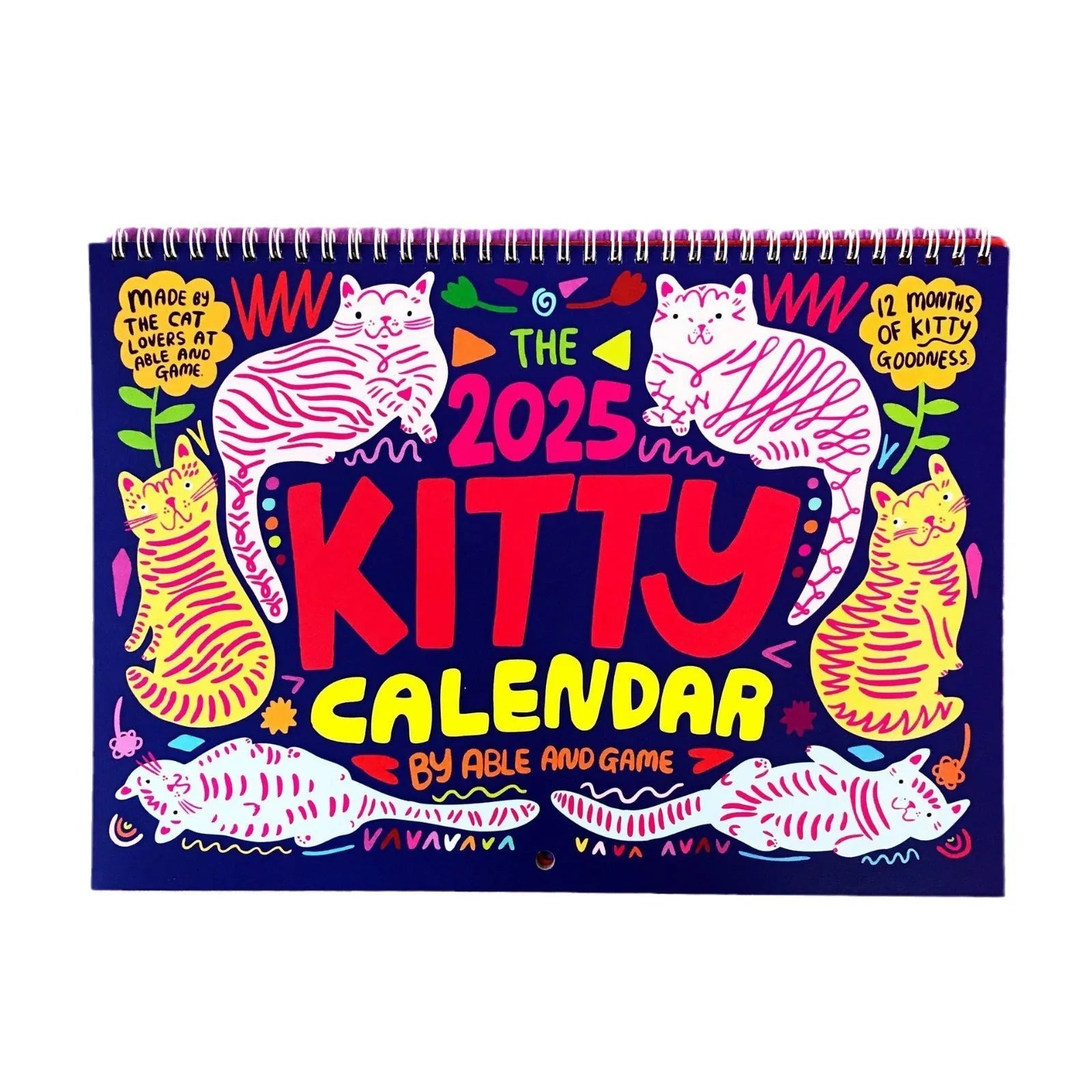 Cat themed wall calendar for 2024 or 2025, showing full year layout on paper.