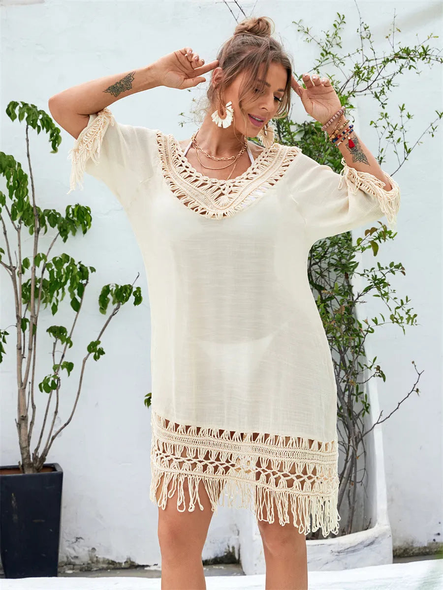 Women's apricot hand-crocheted beach dress with polyester lining for swimming cover-up