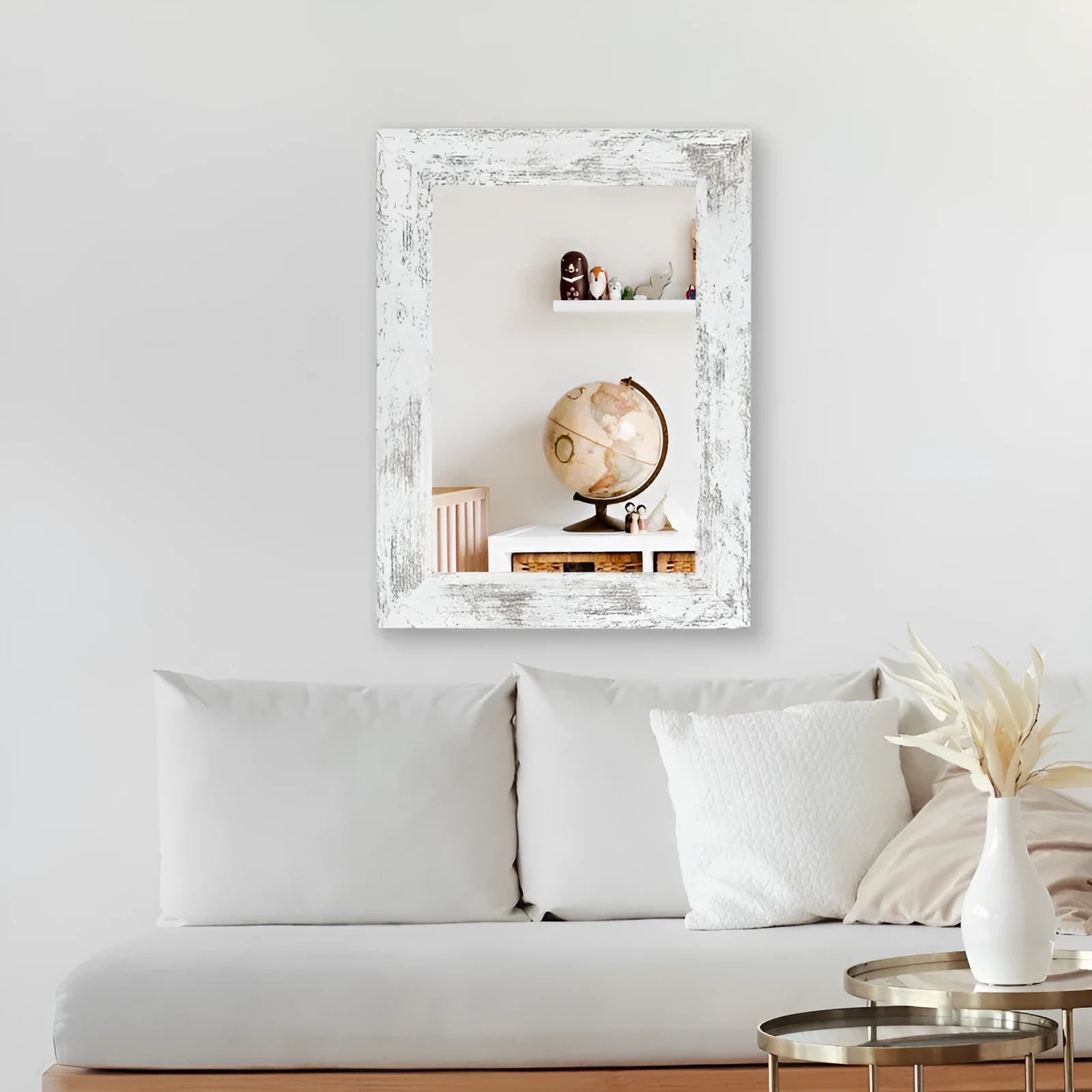 Wall-mounted pastoral style dressing mirror with retro Chinese design in Little White colour