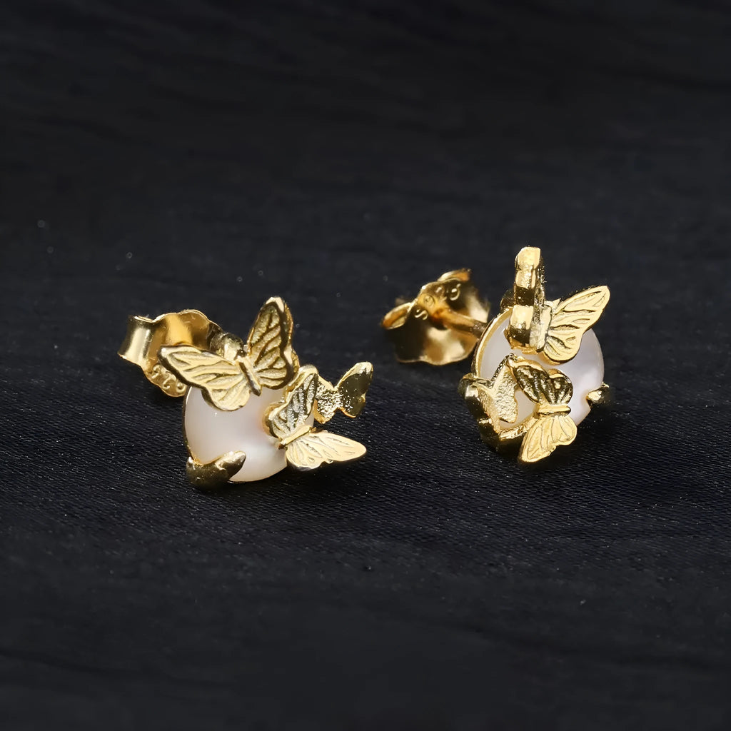 Butterfly-themed sterling silver ear studs with electroplated gold or white gold finish