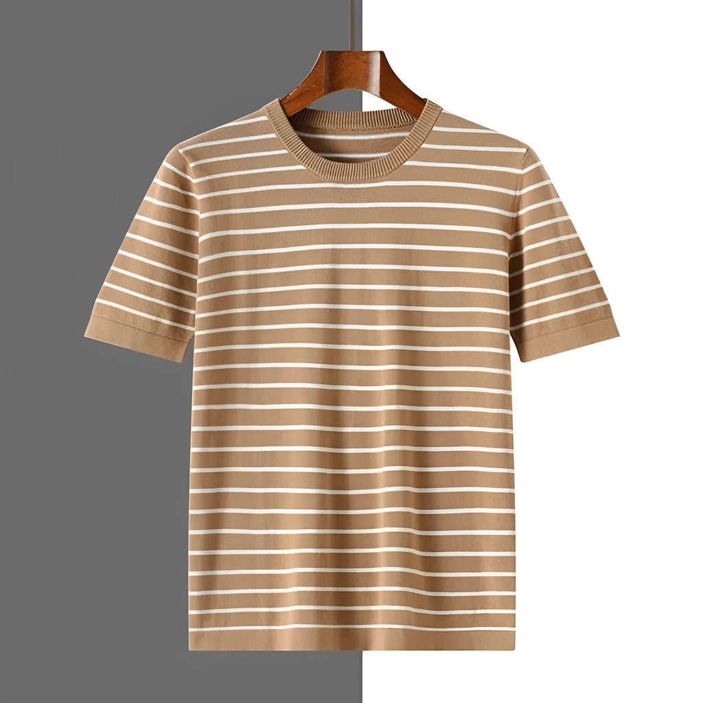 Men's pure cotton striped short sleeve t-shirt in black with round neck and thin fabric