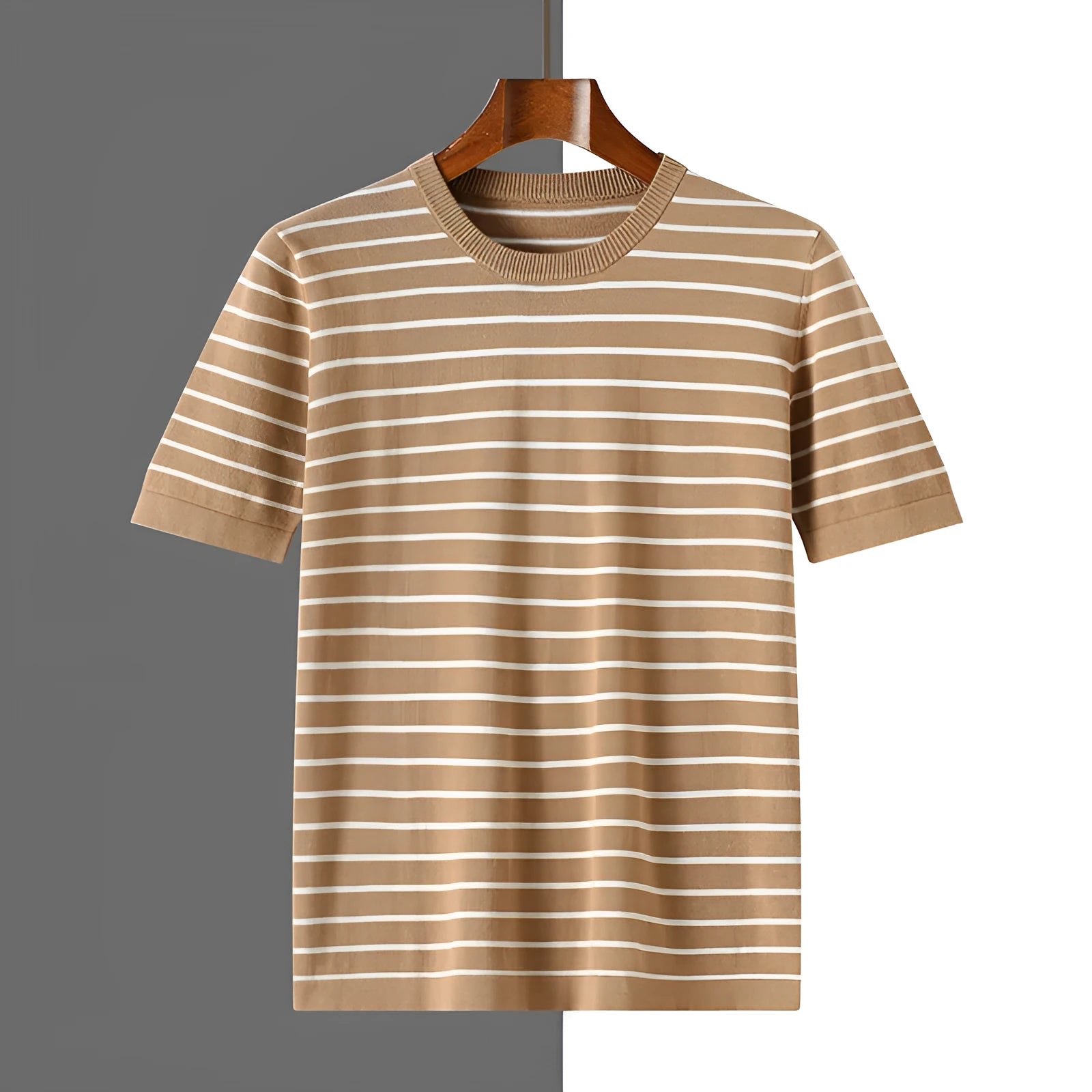 Men's pure cotton striped short sleeve t-shirt in black with round neck and thin fabric