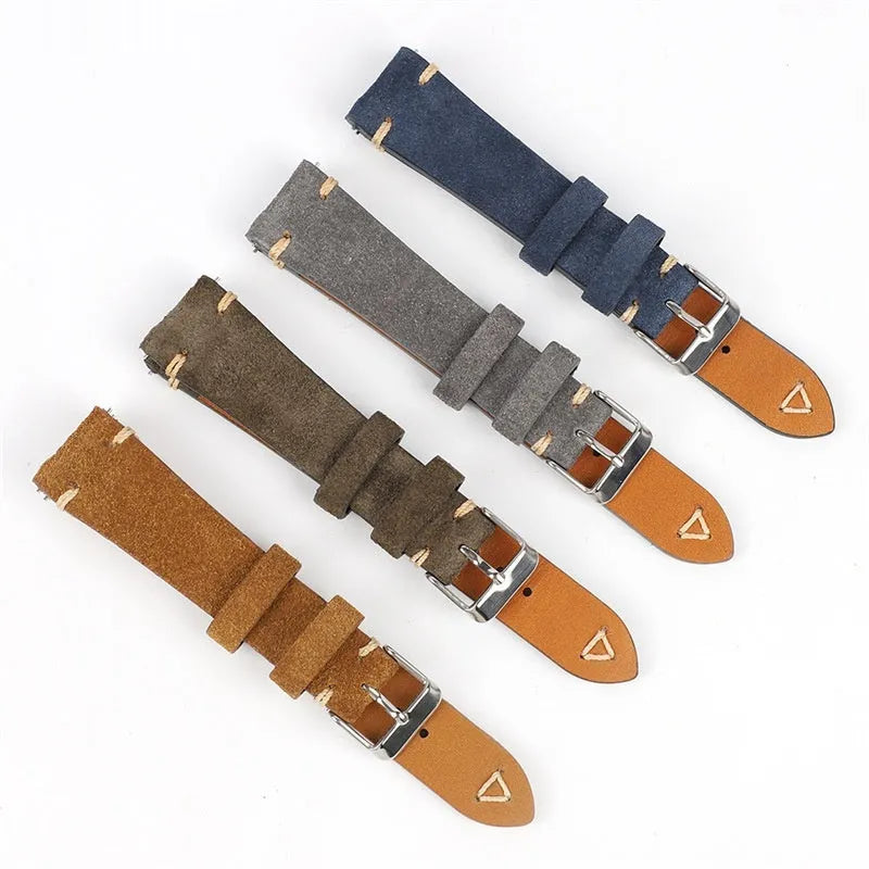 Genuine suede leather watch strap showing small waist design in available colours
