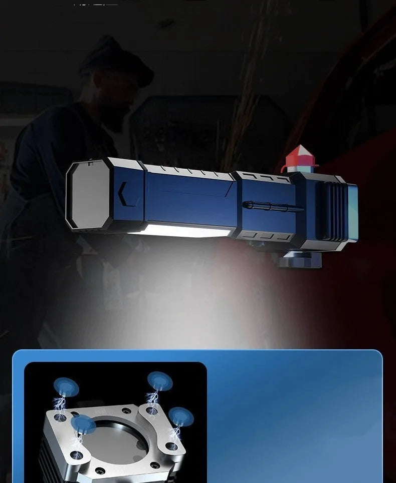 Silver portable LED power bank flashlight with plastic shell, shown as an emergency and camping light.