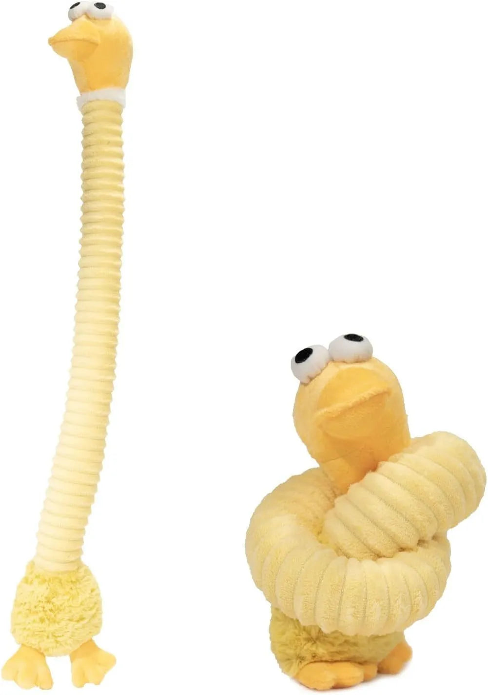 Plush squeaky dog toy with crinkle sounds and foldable design in brown, grey, and yellow colours