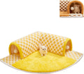 Brown plush plaid cat tunnel bed with central mat, shown in an XL size for indoor cats.