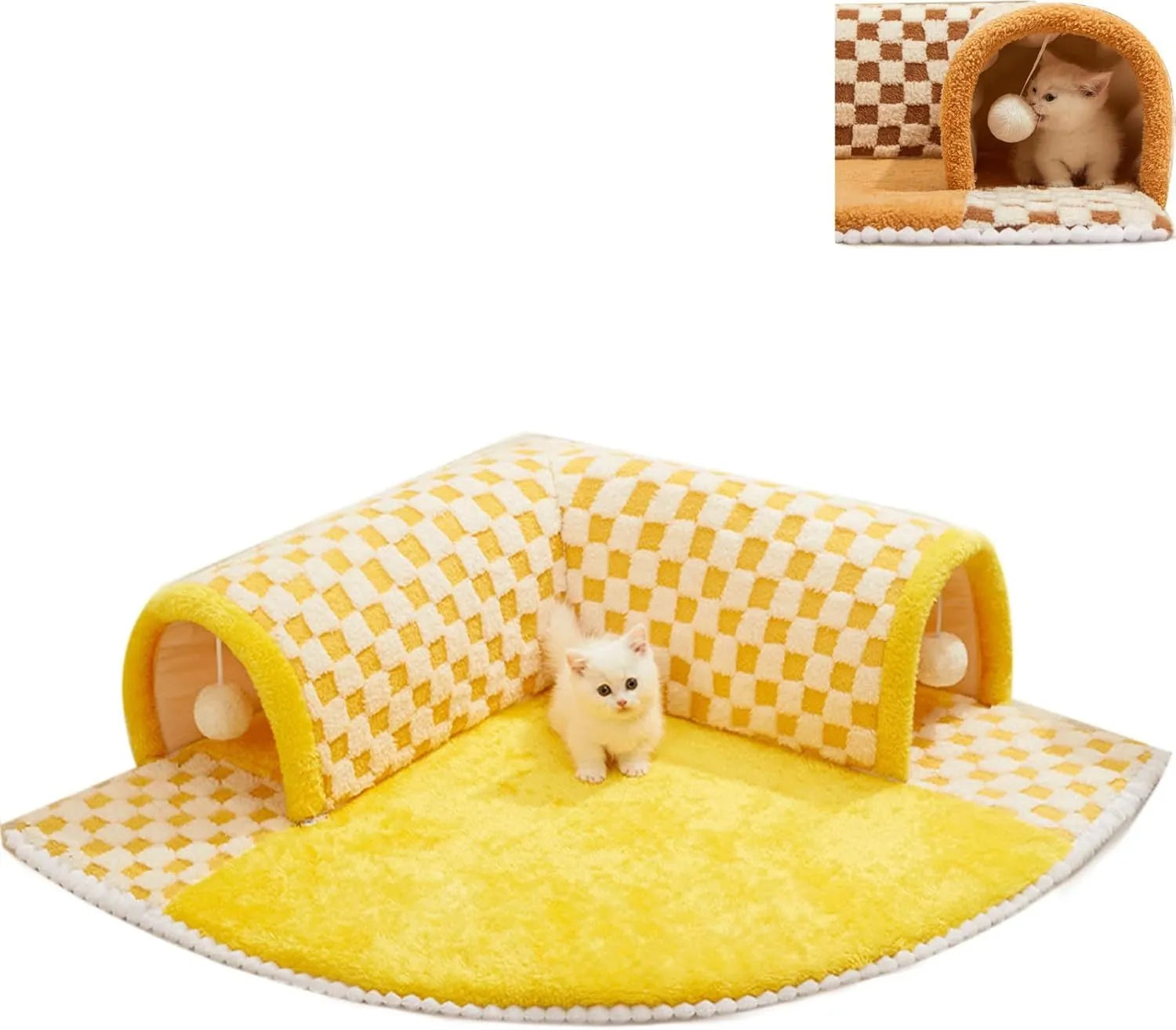 Brown plush plaid cat tunnel bed with central mat, shown in an XL size for indoor cats.