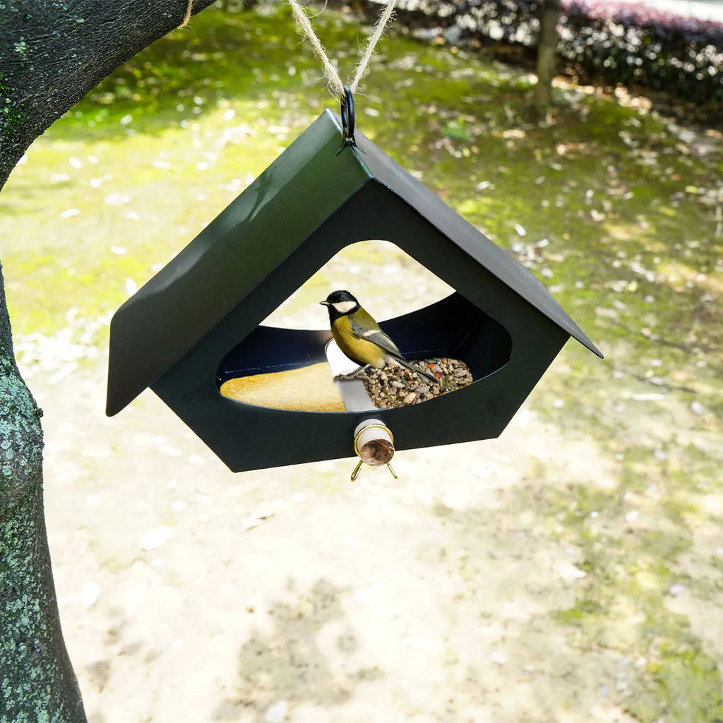 Simple modern iron bird nest decoration for outdoor garden use in grey and black colour options.