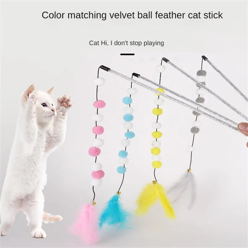 31cm long acrylic cat teaser toy rod with bell and pompon feather attachment in choice of colours