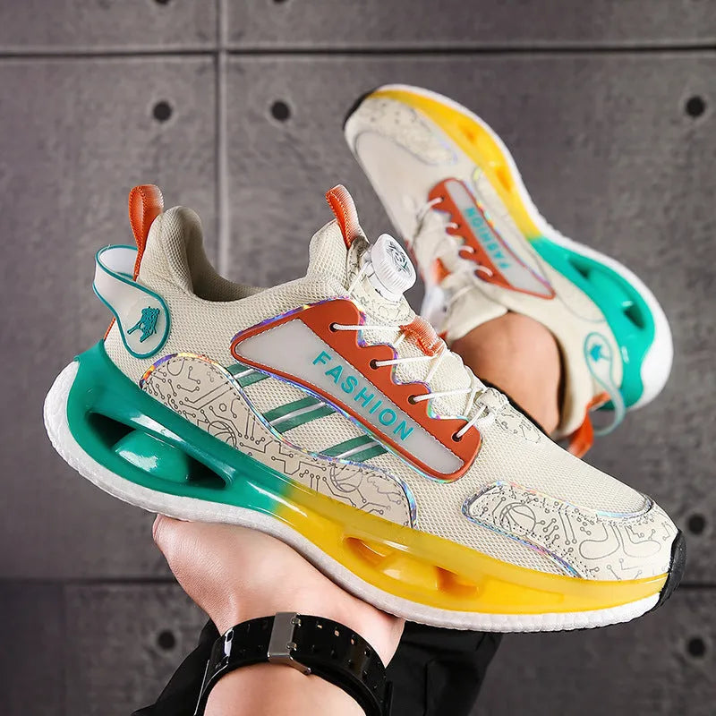 Men's low-top mesh running shoes with elastic band design in black, beige orange, or white grey colours