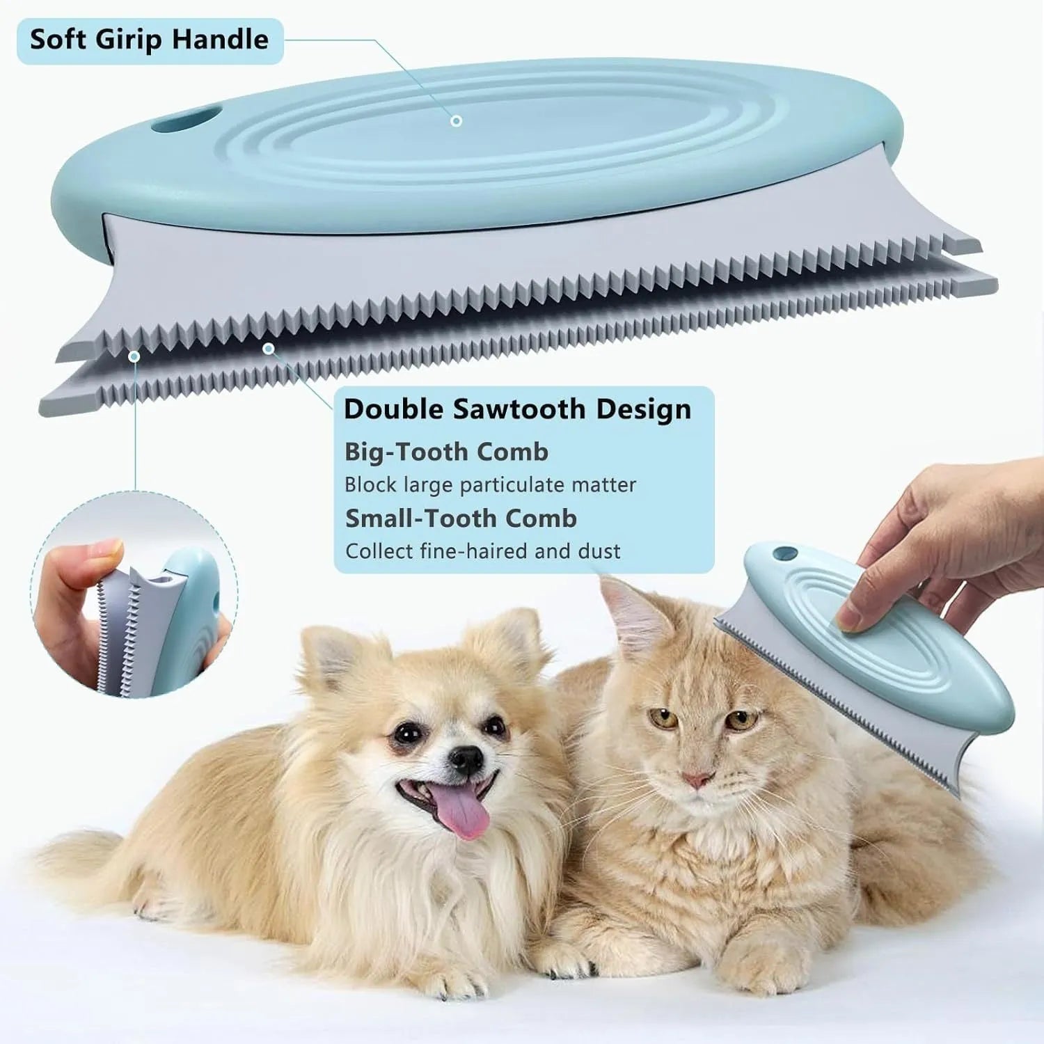 Three-piece pet hair remover set with metal tool, silicone brush, and round cleaner on a fabric surface.