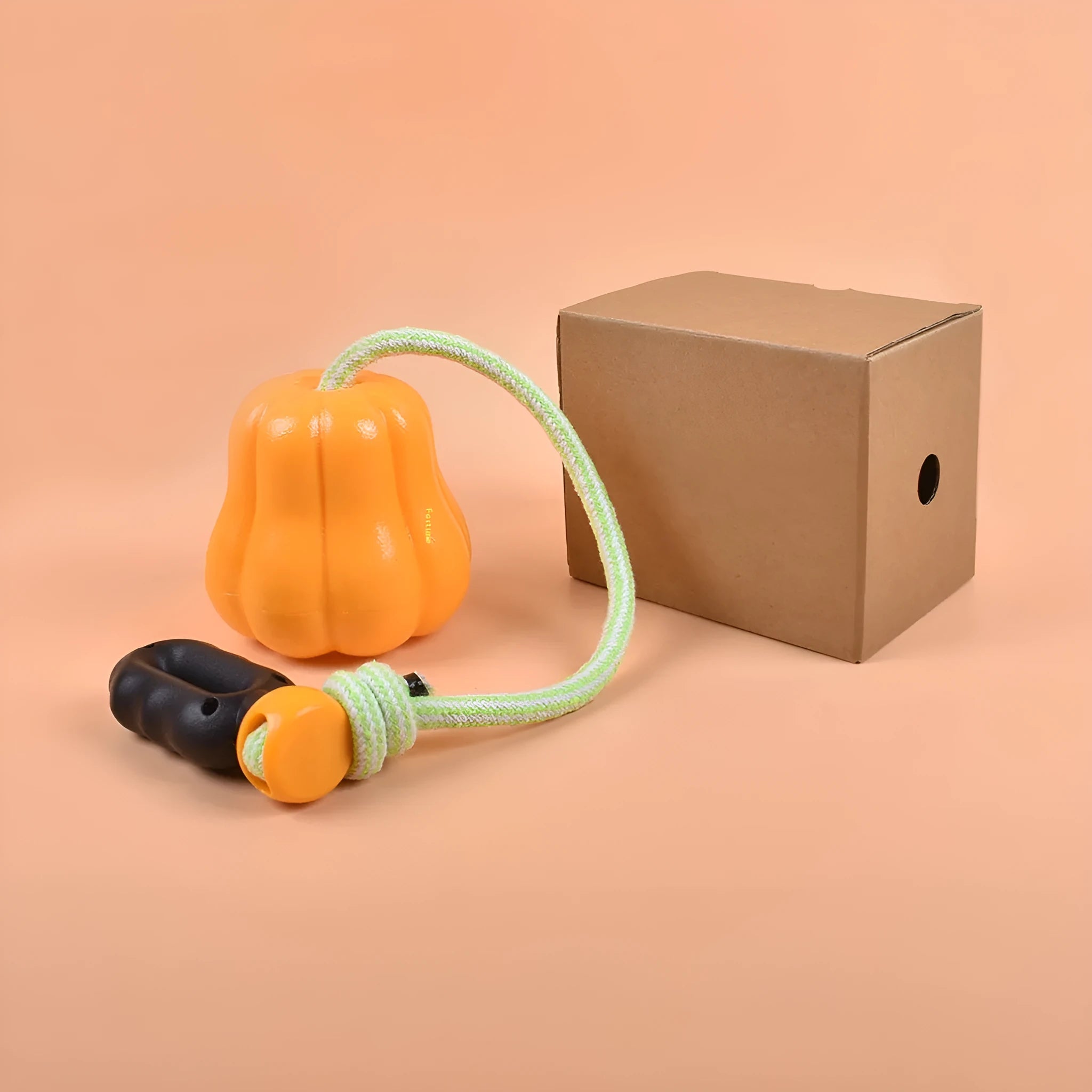 Orange plastic dog fetch toy with a built-in rope handle on a white background.