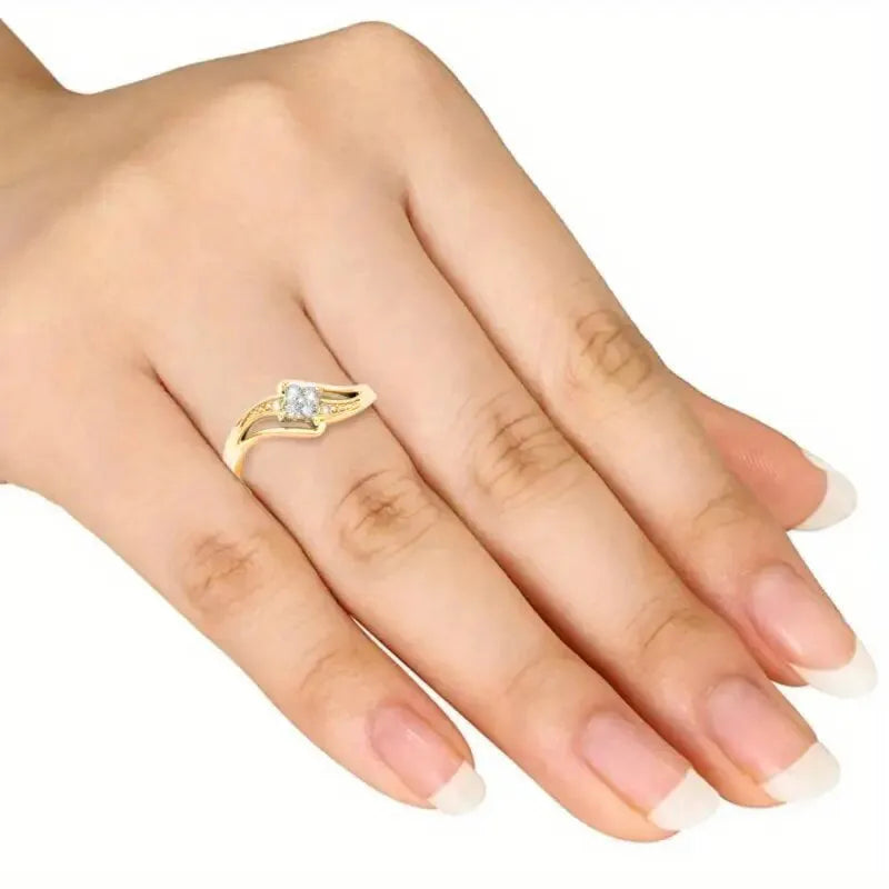 Women's copper diamond shape ring with micro inlaid zircon geometric design in yellow gold colour