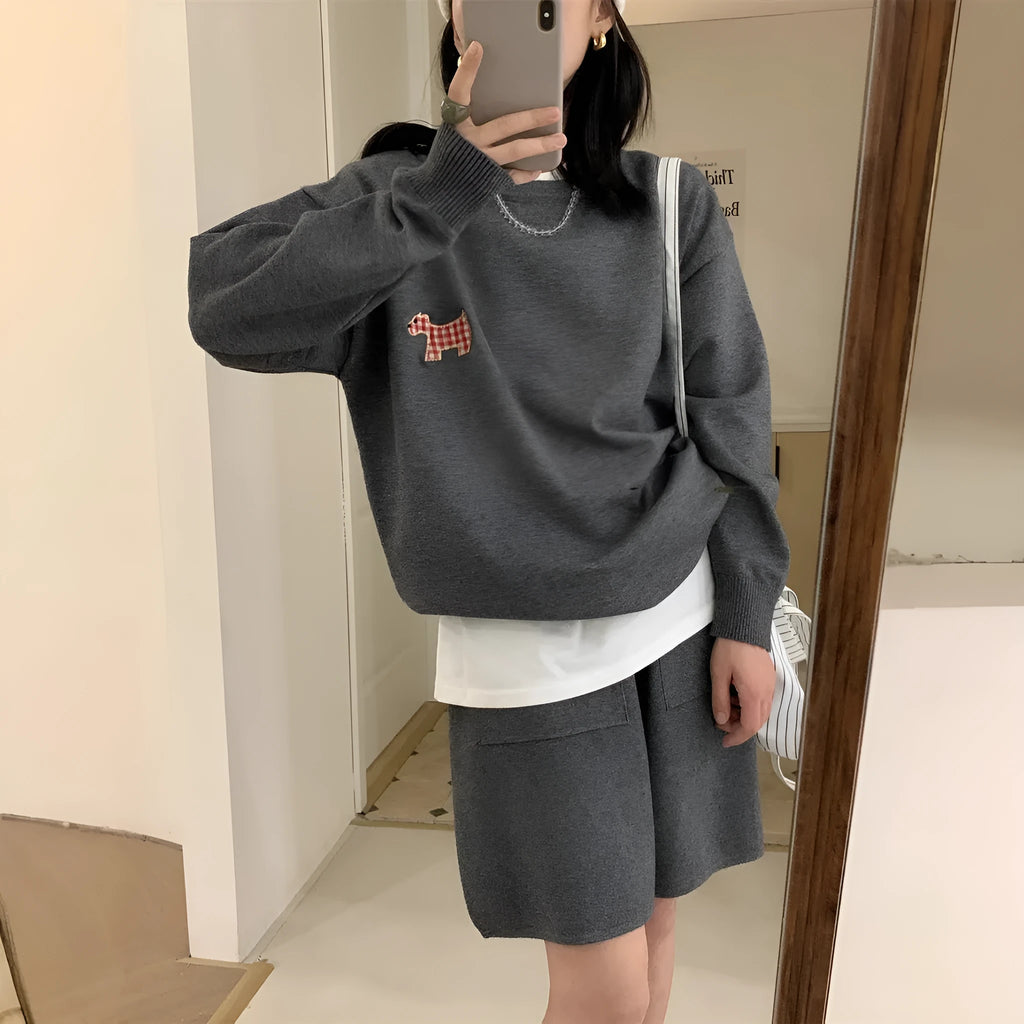 Women's casual knitted sweater shorts suit with animal embroidery in milk blue, Japanese Korean style two-piece set