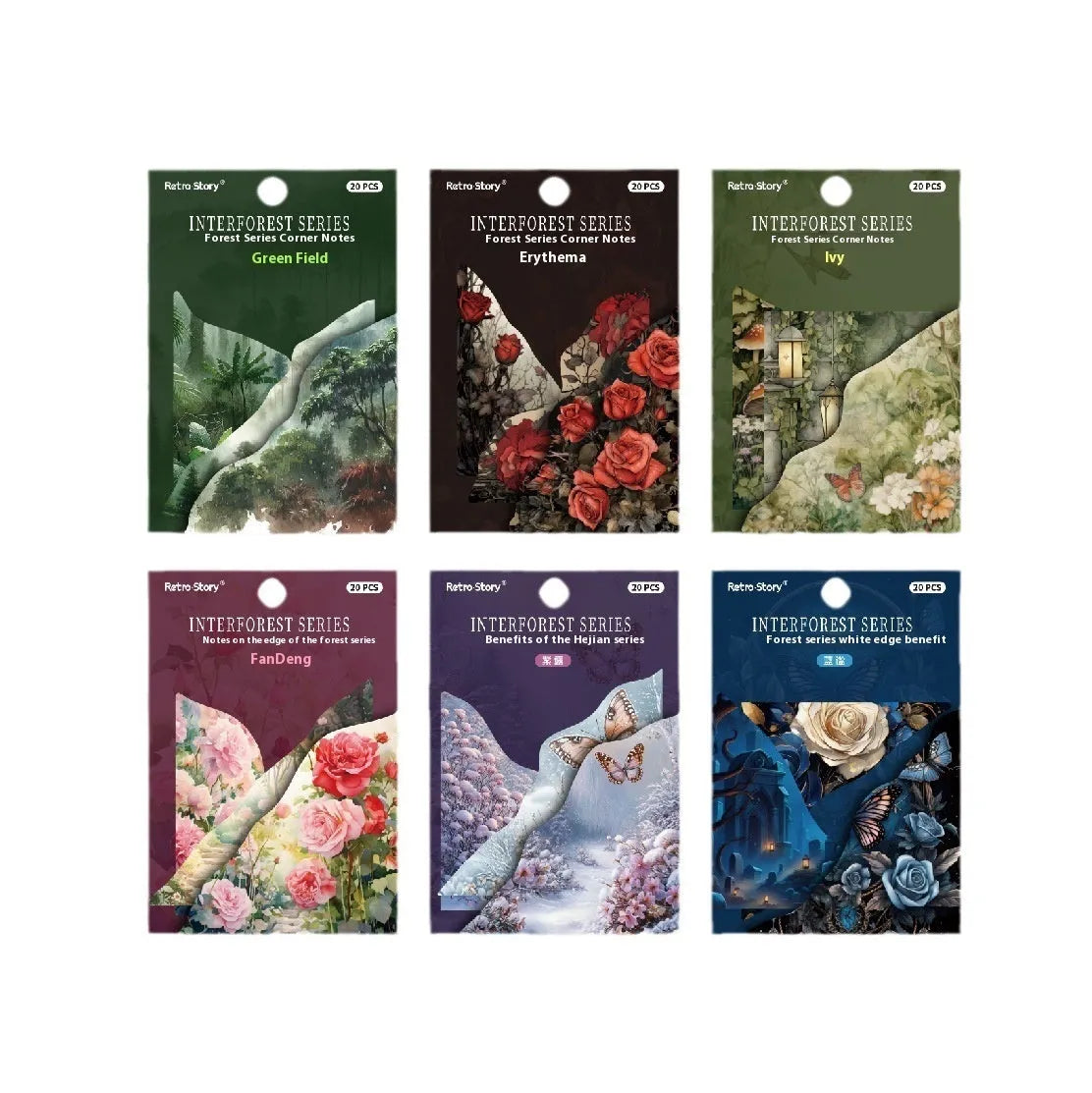 Decorative notebook set showing artistic covers in spring vine, pink plum, red rose, blue, green field, and purple dew colours.