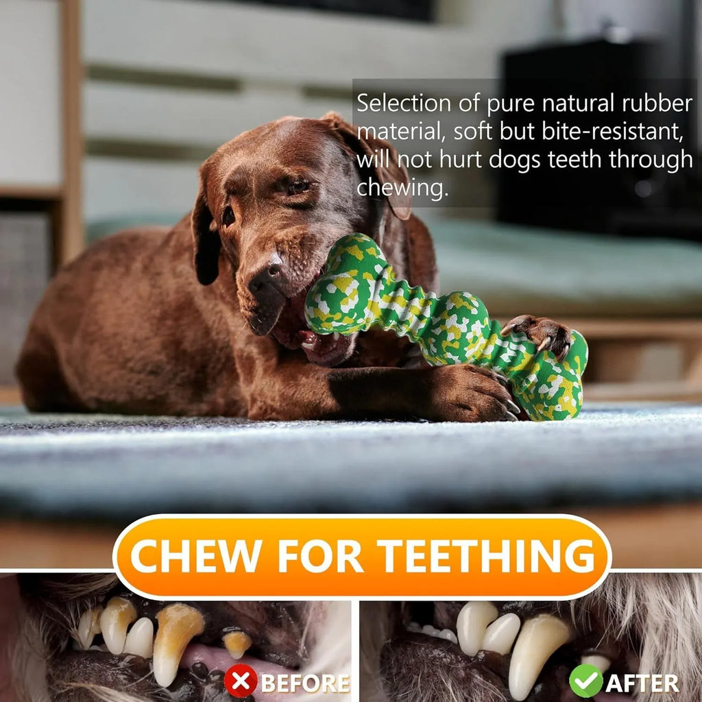 Natural rubber dog chew toy with camouflage pattern, shown in green, white, and yellow, bone-shaped for medium and large breed dogs.