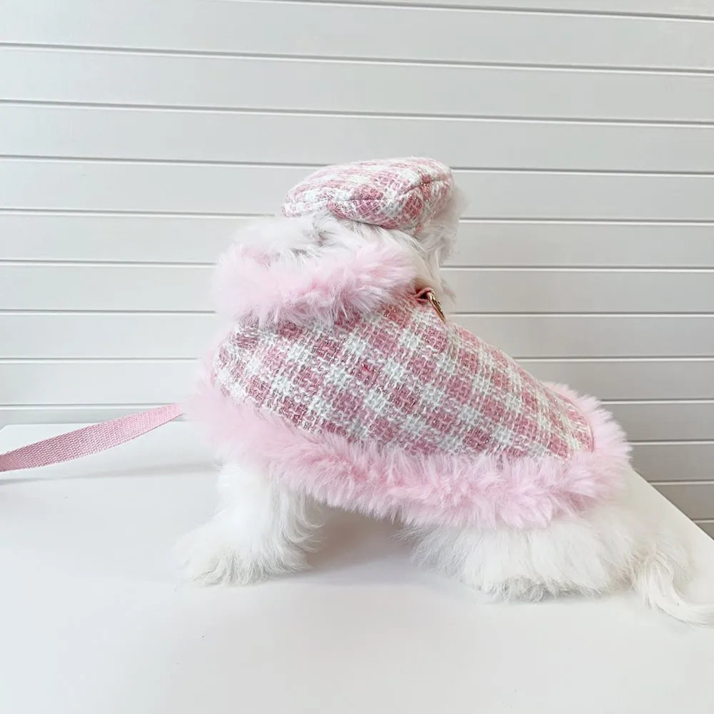 Pink cat costume with cloak and hand holding rope on cat, showing chest and back traction design