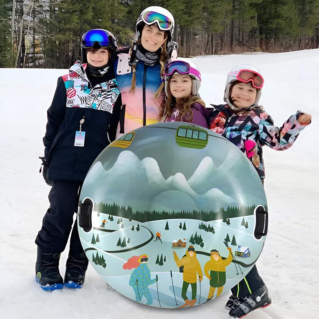 PVC winter ski ring toy in three colour designs: snow mountain, ice-snow blue, and flame red
