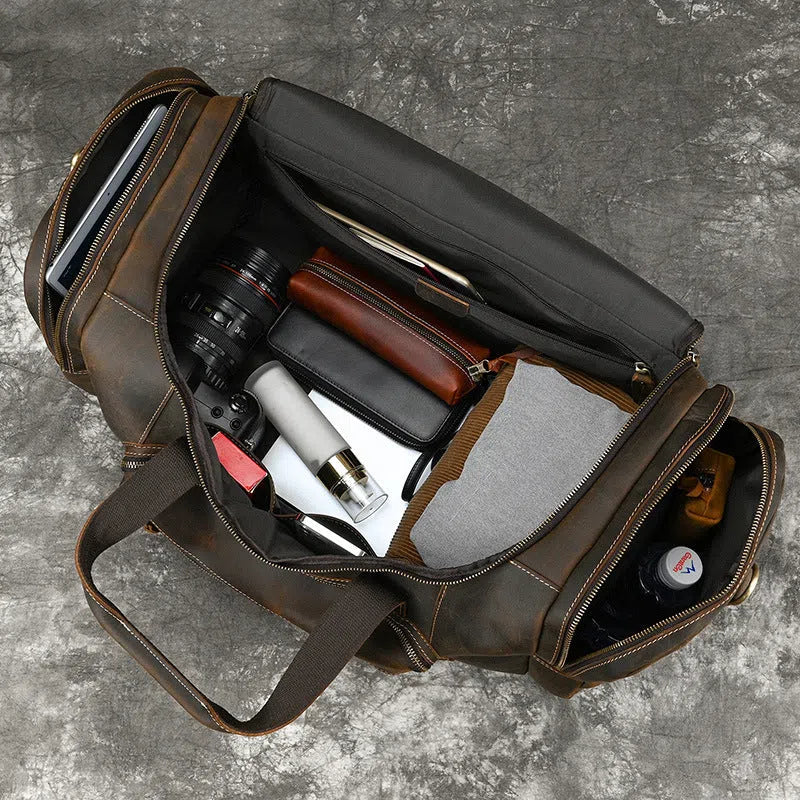 Men's genuine leather handbag large capacity 58cm dark brown full-grain cowhide crossbody bag