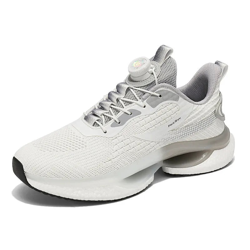 Men's white Korean-style running shoes with a rotating buckle closure and mesh upper.