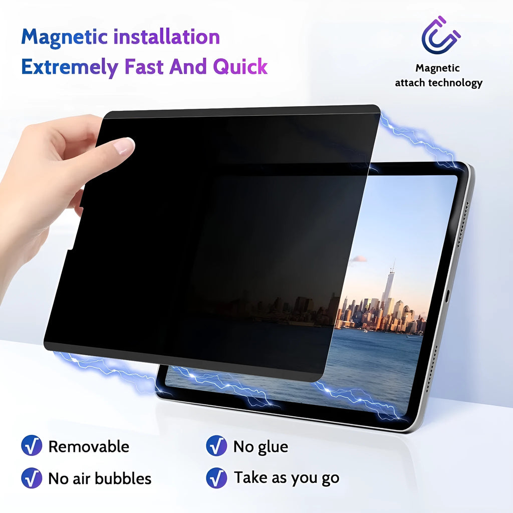 Magnetic anti peeping film for iPad with paper-like texture and optional storage clip on packaging colour card