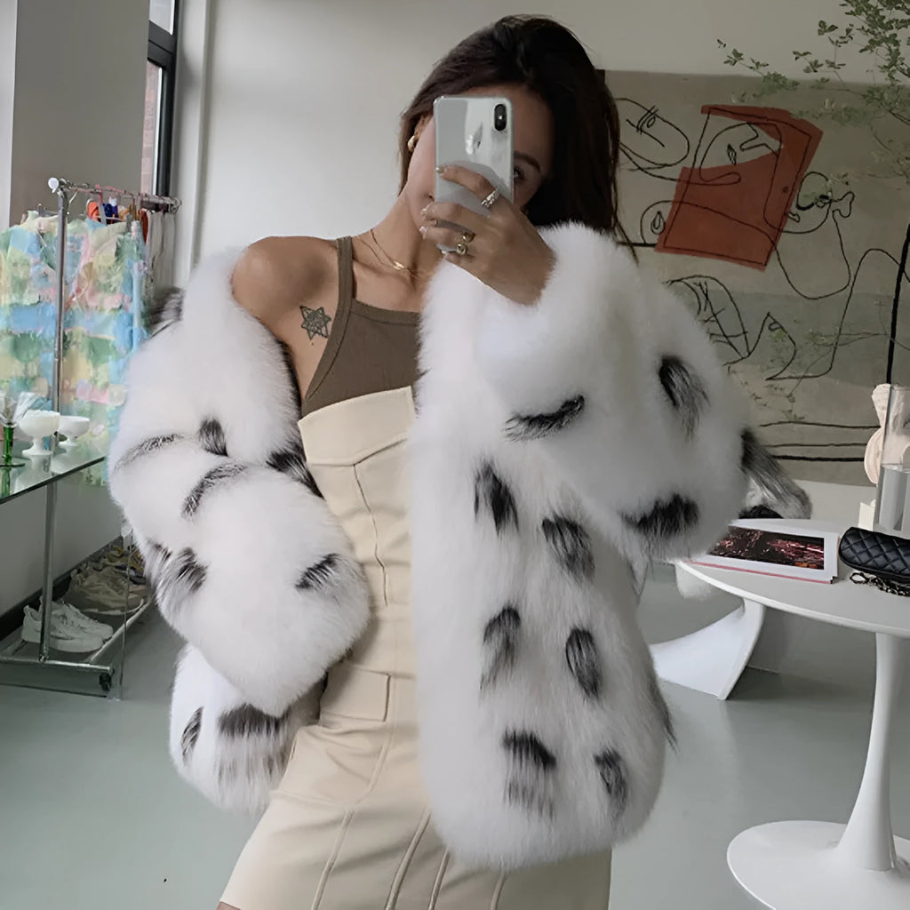 Women's plus size black and white raccoon print faux fur coat with Korean slim-fit design